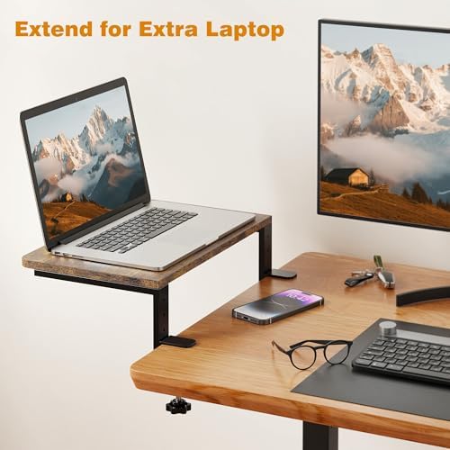 Desk Extender, 15-inch Clamp-On Desk Shelf, Height-Adjustable Desktop Shelf Organizer for Monitors Office and Gaming Accessories, Arm Support Table Extension, 44lbs Heavy Duty, Dark Brown