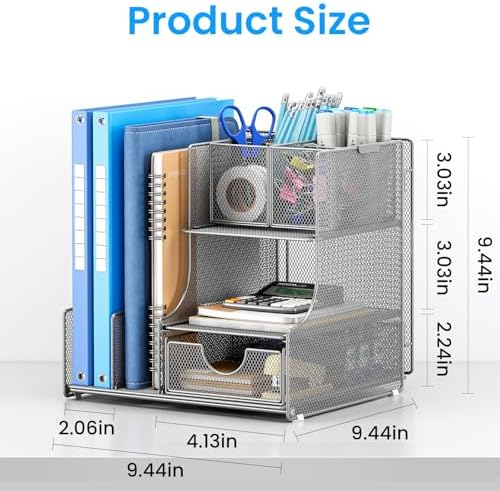 Lavatino Desk Organizer – 4-in-1 Silver Mesh Office Supplies Organizer with Pen Holder, File Holder, Desktop Tray, and Drawer for Home, Office, Classroom