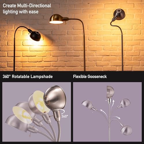 O'Bright Adjustable Floor Lamp with Flexible Gooseneck and Rotatable Shade, E26 Socket, 10-Inch Base - Ideal for Reading, Bedside, Living Room, Brushed Nickel
