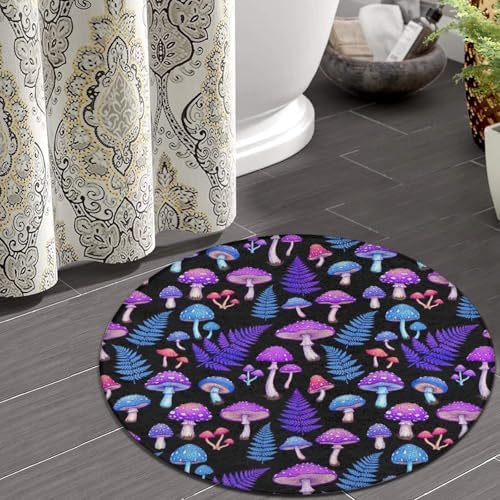 Fashion Round Area Rug Large Non Slip Carpet, Trippy Purple Blue Mushrooms Unisex Home Decor Mat, 24inch