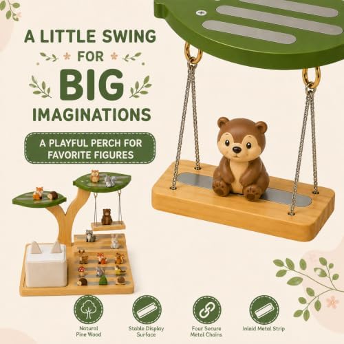 Tree Display Shelf Compatible with Toniebox, Wooden Figurine Organizer with Player Charging Dock, 20+ Capacity, Silver Chain Swing, Desk Storage