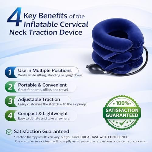 Inflatable Cervical Neck Traction Device, Portable Neck Stretcher for Tech Neck & Office Workers,Travel,3-Tube Adjustable Air Pump Design for Daily Neck Pain Relief & Muscle Relaxation