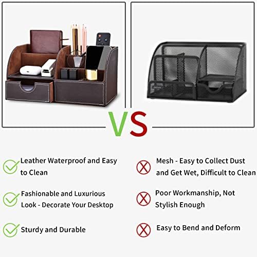 KINGFOM Pu Leather Desk Organizer Pen Pencil Holder Office Supplies Caddy Storage Box 6 Compartments with Drawer Brown