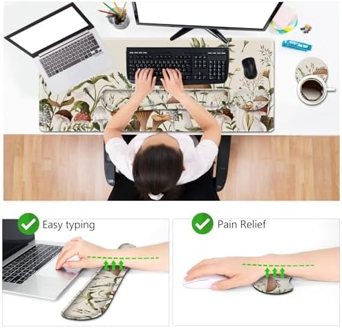 AIMSA Large Gaming Mouse Pad Set, Keyboard Wrist Rest Support+ Extended Mousepad+ Mouse Wrist Cushion+Coaster, Ergonomic Multifunctional Desk Mat 35x15.7in, Mushroom Plant Garden