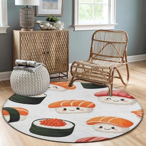 Soft Round Yoga Carpet, Large Home Decor Mat, Non Slip Machine Washable Kitchen Office Circle Rug Kawaii Food Theme Japanese Sushi