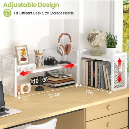 ThreeHio Expandable Desk Shelf Organizer, Desktop Bookshelf Adjustable Height, White Book Shelf for Top of Desk Organizers and Accessories, Metal Countertop Storage Display Rack for Home Office Dorm