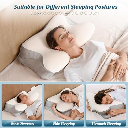 Cervical Neck Pillow for Pain Relief, Ergonomic Side Sleeper Pillow for Sleeping, Contour Orthopedic Memory Foam Pillows for Back & Stomach Sleepers with Pillowcase (Light Grey)