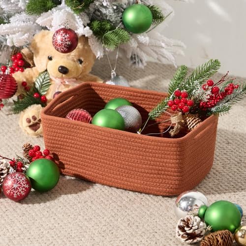 MiniArk Small Storage Baskets for Organizing | Closet Organizer Bins | Shelf Toy Basket | Woven Rope Baskets | Cube Decorative Box | Shallow Basket | 13x8.5x5.1” | 4 Packs Oxide Red