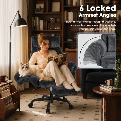 ELABEST C57 Ergonomic Reclining Office Chair with Footrest,Velvet Desk Chairs with 6-Stage Adjustable Wing Armrests for Cross Legged Sitting, Pet-Friendly High Back Lounge Gaming Chair for Home Office