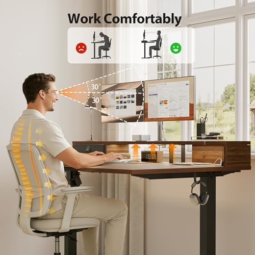 Agilestic 63*35 Inch L Shaped Standing Desk with Shelf & Led&Outlet, Walnut