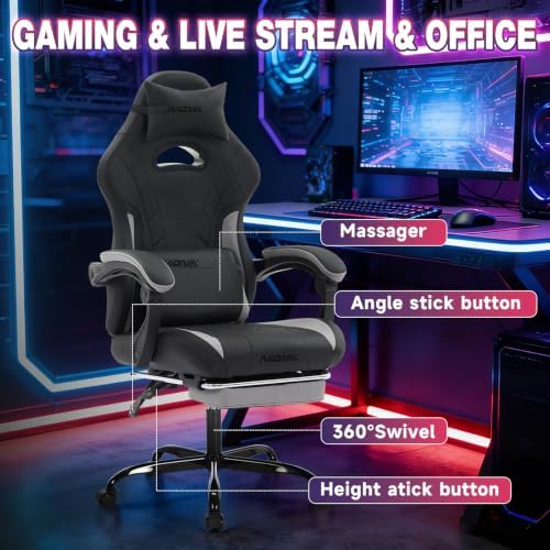 Gaming Chair with Footrest and Massage Lumbar Support, Ergonomic Computer Gamer Chair, Office Video Game Chairs with Adjustable Height and Backrest (BlackGrey)