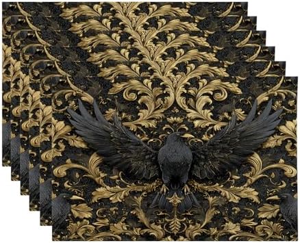 Damascus Raven Gold Linen Placemats, Black Baroque Pattern Table Mats for Table Washable Heat Insulation Thick Dining Mat, Indoor/Outdoor 12X18 in 6 Pcs