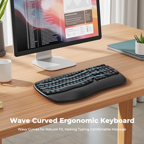 MEETION Wireless Ergonomic Keyboard with Wave Keys and Wrist Rest - Black