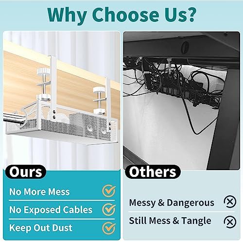Under Desk Cable Management Tray White, No Drill Desk Cable Management Organizer with Clamp for Desk Wire Management, PC Cord Organizer Accessories & Workspace Organizers for Office, Home(2 Pack)