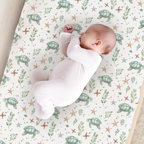 Watercolor Sea Turtle Starfish Fishes Pattern Baby Changing Pad Cover, Unisex Ocean Animals Nursery Diaper Changing Table Pad Mat Sheet for Boys Girls-16x32