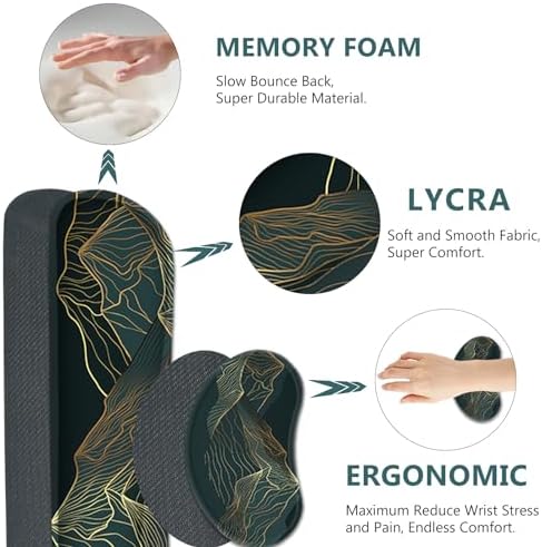 AIMSA Keyboard Mouse Pad Wrist Rest Set, Extended Desk Mat+ Ergonomic Mouse Pad with Wrist Rest+ Keyboard Wrist Support+ Coaster, 35x15.7in Large Desk Pad, Abstract Gold Sun Mountain