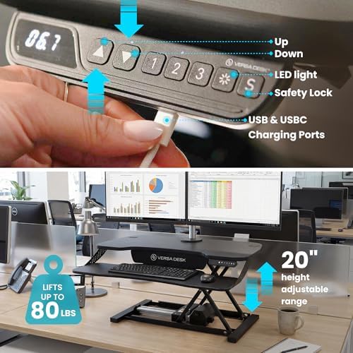 VERSADESK PowerPro Elite Electric Standing Desk Converter - App Controlled Desk Riser with USB Charging Port & LED Lights - Height Adjustable, Fully Assembled & Supports 80 lbs | Black (40” x 24")