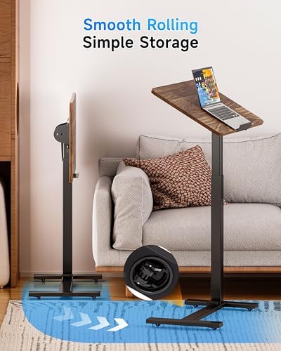 BIZUM Mobile Standing Desk Laptop Desk Pneumatic with Wheels 180° Tilt Top Hospital Bed Table Portable Rolling Cart Foldable Bedside Table for Hospital&Home Use, Walnut