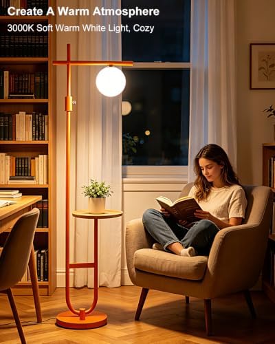 Lightdot Orange Floor Lamp with Table, 66IN Dimmable Corner Reading Lamp