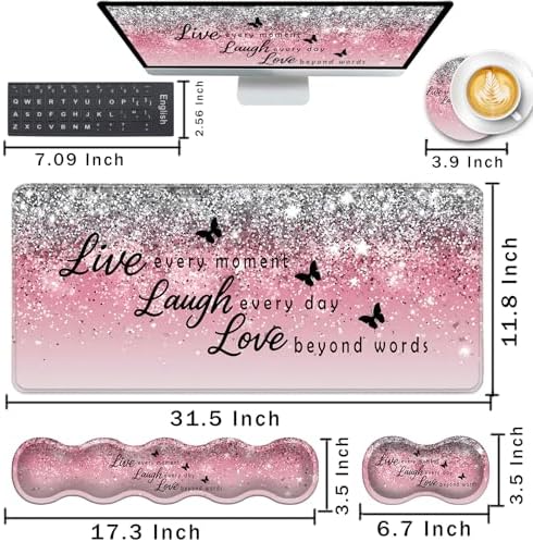 Keyboard Wrist Rest and Mouse Pad with Wrist Support Set Ergonomic Coaster,Memory Foam,Easy Typing Pain Relief,Large XL Desk Mat 31.5"x 11.8",Pink Glitter Quote Live Love Laugh