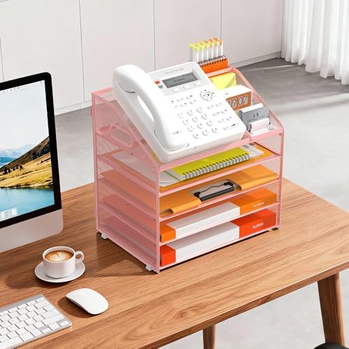 DocNest 5 Tier Metal Mesh Desk File Organizer with Phone Shelf, Pink