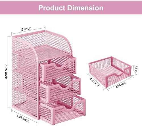 EasyPAG Mesh Desk Organizer with 3 Drawer Office Desktop Organizers and Accessories Stationery Caddy for Office, Home, Students, Pink