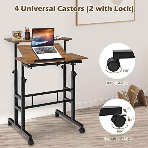 GIANTEX Mobile Standing Desk, Height Adjustable Stand Up Desk with Wheels & Tilting Tabletop, Rolling Laptop Cart Computer Workstation for Standing or Sitting, Home Office Sit Stand Desk, Walnut