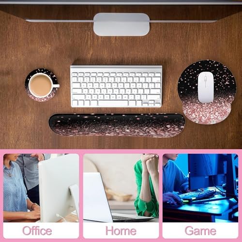 Rose Gold Glitter Mouse Pad with Wrist Rest and Keyboard Wrist Rest Set, Non-Slip Rubber Base Memory Foam Mouse Pad Set for Women, Office Desk Accessories, Gaming