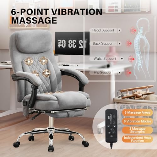 500LBS Massage Office Chair, Reclining 6 Points Vibration and Heat Desk Chair with Foot Rest, Ergonomic Executive Office Chairs, Comfy Wider & Thicker Seat, Big and Tall Gaming Chair, Fabric Grey