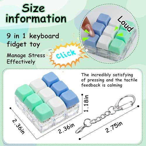 Keyboard Fidget Toy, Keyboard Fidget Keychain 9-in-1 Keyboard Decompression Button Finger Clicker Toys Stress Relief Fidget Gifts (3 Colors- Blue White Green)