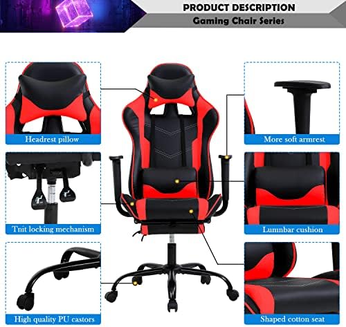 Gaming Chair Racing Style Office Computer Game Chair Ergonomic Desk Chair with Headrest Lumbar Support,High Back Gamer Office Chair Massage Recliner Video Game Chairs for Kids or Adults,Red