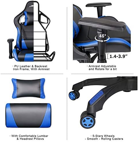 Leopard Gaming Chair, High Back PU Leather with Armrest (Black/Blue)