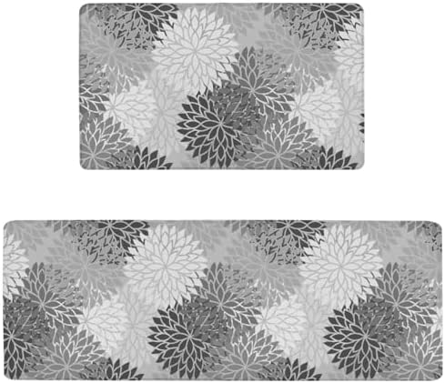 Boho Floral Anti Fatigue Kitchen Mats, 17.3"x47"+17.3"x29", Grey
