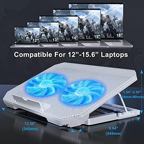 LIENS Laptop Cooling Pad with Adjustable Height Two 5.1 Inches Fan 2 USB Ports Suitable for 12"-15.6" Laptops（White）