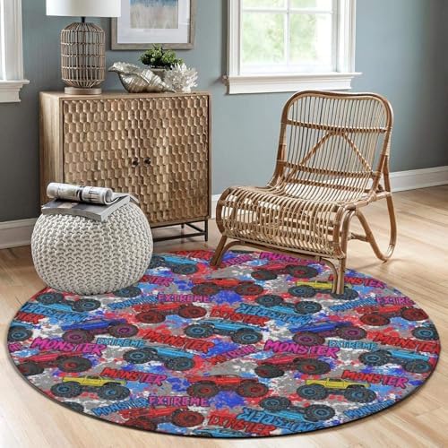 Soft Round Yoga Carpet, Large Home Decor Mat, Non Slip Machine Washable Kitchen Office Circle Rug Monster Truck Car Grunge, 24inch