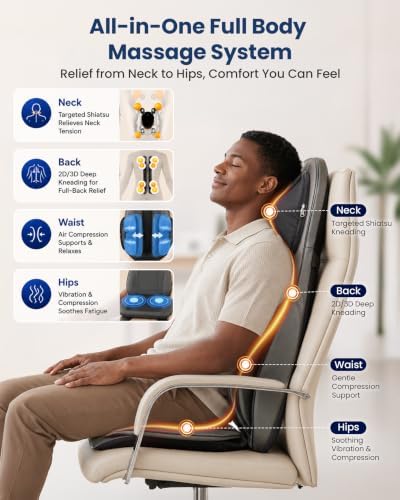 COMFIER Massager Chair with Heat, Shiatsu Neck Back Massager Portable with Compress & Rolling,Massage Chair Pad for Full Back, Neck & Shoulders,Full Body Pain, Gray