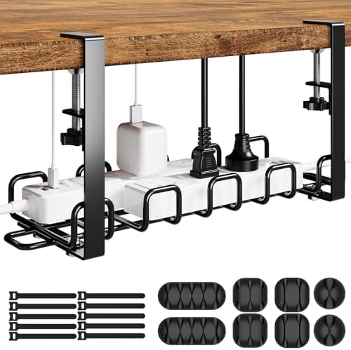 Cable Management Tray Under Desk 15.8'' - 4mm Wire Sturdy Cord Organizer for Desk Accessories - Cord Organization with Clamp No Drill - Standing Desk Accessories for Home Office