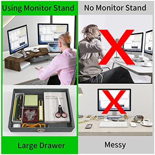 WESTREE Dual Monitor Stand Riser with Drawer, Monitor Stand Riser for 2 Monitors, Adjustable Length and Angle, 2 Solts for Phone & Tablet, Desktop Organizer Stand for Computer/Laptop/PC/Printer