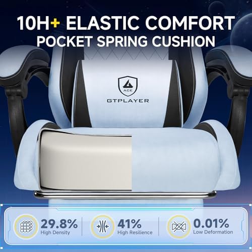GTPLAYER Gaming Chair Fabric with Pocket Spring Cushion, High Back Ergonomic Computer Chair with Footrest for Adults Lumbar Support Swivel Game Chair for Office Gaming 350LBS, Light Blue
