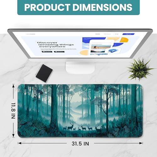 Aesthetic Desk Mat, Cute Deer Forest Desk Pad Protector for Work & Decor, 31.5" x 11.8", Pretty Non-Slip Extended Mouse Pad for Office or Home