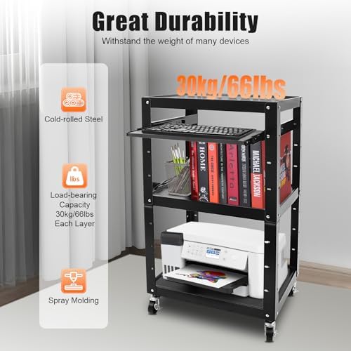 AV Cart on Wheels, Rolling Standing Desk Stand up Desk Rolling Presentation and Media Cart Height Adjustable Top Shelf Pullout Keyboard Tray Cable Hole Design 66lbs Load Capacity Each Layer