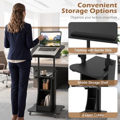 Tangkula Mobile Lectern Podium, Height Adjustable Podium Stand, Standing Sit-to-Stand Desk, Rolling Cart Laptop Desk with Swivel Top Movable Wheels & Storage