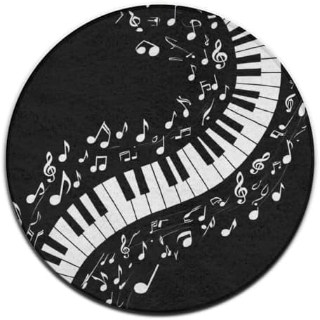 Large Home Decor Mat, Soft Round Yoga Carpet, Non Slip Machine Washable Home Office Circle Rug Piano Music Notes Gift Black and White