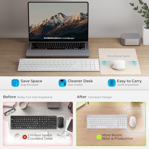 iClever DK05 Bluetooth Wireless Keyboard and Mouse Combo, Silver White