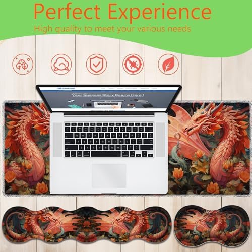 4 in 1 Mouse Pad Combo, Large Gaming Mouse Pad + Keyboard Wrist Support + Mouse Wrist Rest + Coaster, Table Pad with Stitched Edge Ergonomic Wrist Pad Set, Dragon