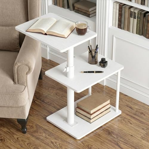 Faesun 360° Swivel Side Table for Height Adjustable, C Shaped End Table for Couch with Storage, 3-Tier Night Stand with Open Shelf, Tv Tray for Small Spaces, Living Room, Bedroom, White