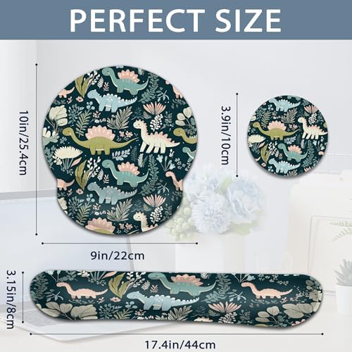 Cute Dinosaur Ergonomic Keyboard and Mouse Wrist Rest Set, Flower Mouse Pad with Non Slip Base, Soft Cloth Surface for Office and Home Typing Support