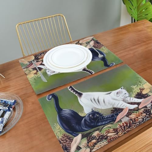 Placemats Set of 4 for Dining Table, Cat Stretching Cloth Placemats Heat Resistant Place Mats Linen Thick Washable Kitchen Table Mats, 12x18 in