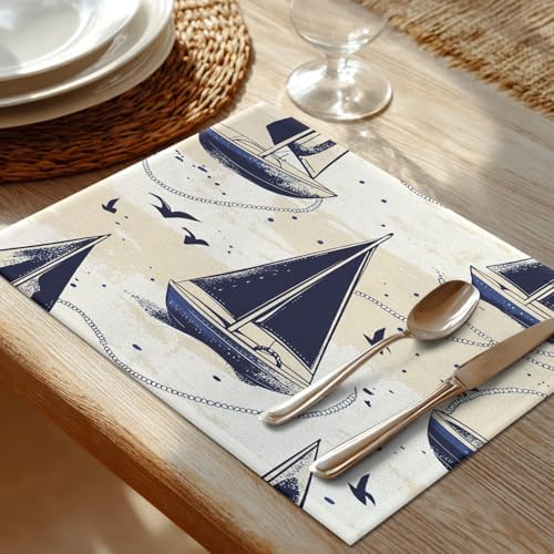 Shrahala Maritime Ocean Set of 8 12 X 18 Inch Linen Placemats, Boat Nautical Elements Burlap Table Mat Washable Double Layered Heat Insulation for Indoor/Outdoor