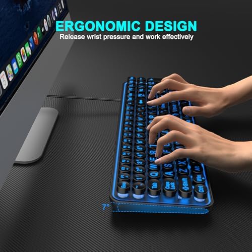 QUASIO Large Print Backlit Keyboard, Wired USB Lighted Computer Keyboards with 7-Color Backlit, Oversized Print Letters, Quiet Typewriter Keyboard with Retro Round Keycaps for Windows PC, Laptop
